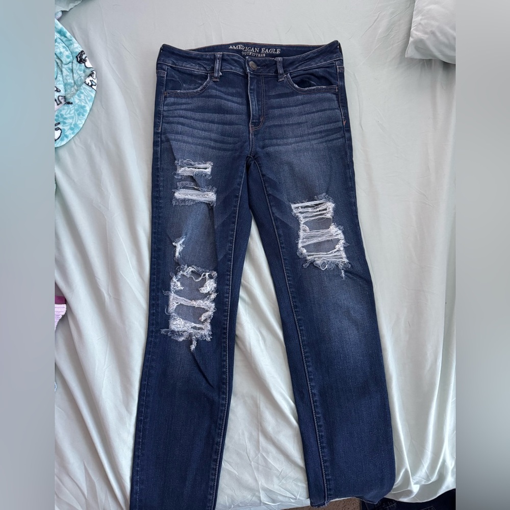 American Eagle Super Stretch Dark Wash Distressed Jeggings Size 10